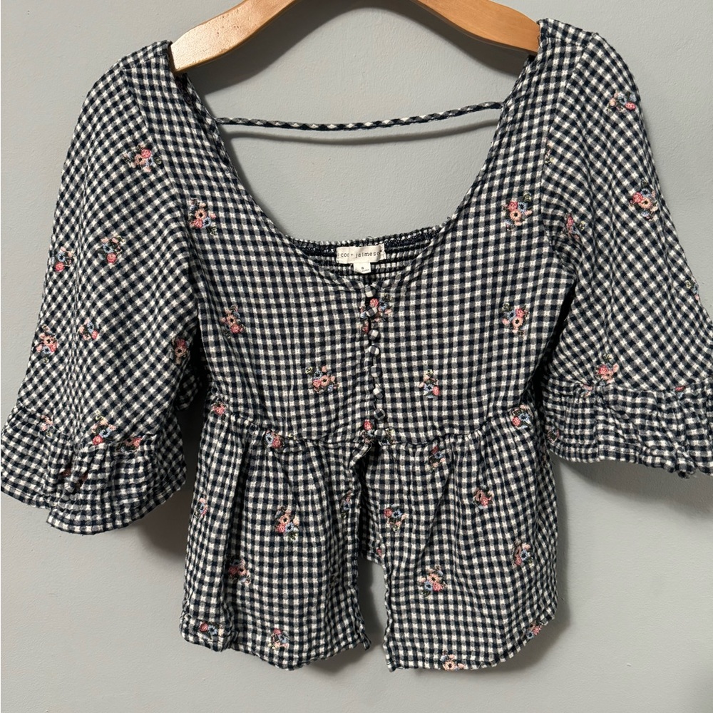 Coco + Jaimeson crop gingham cotton top with embroidery bell sleeves size small